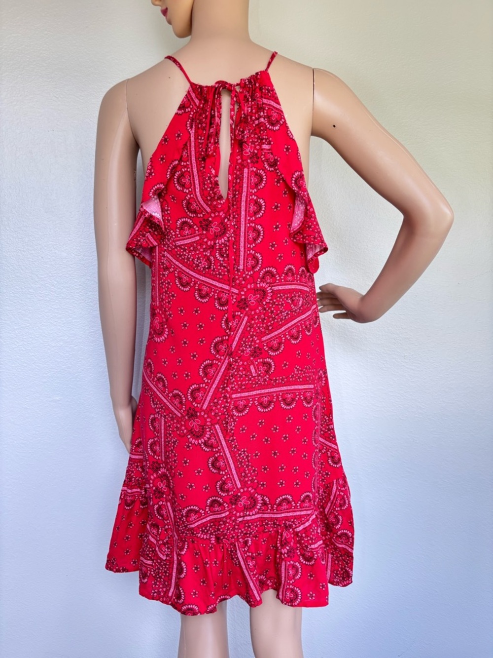 Chelsea & Violet Red Bandana-Print Halter Dress with Blue Floral Accents NWOT - Picture 3 of 16